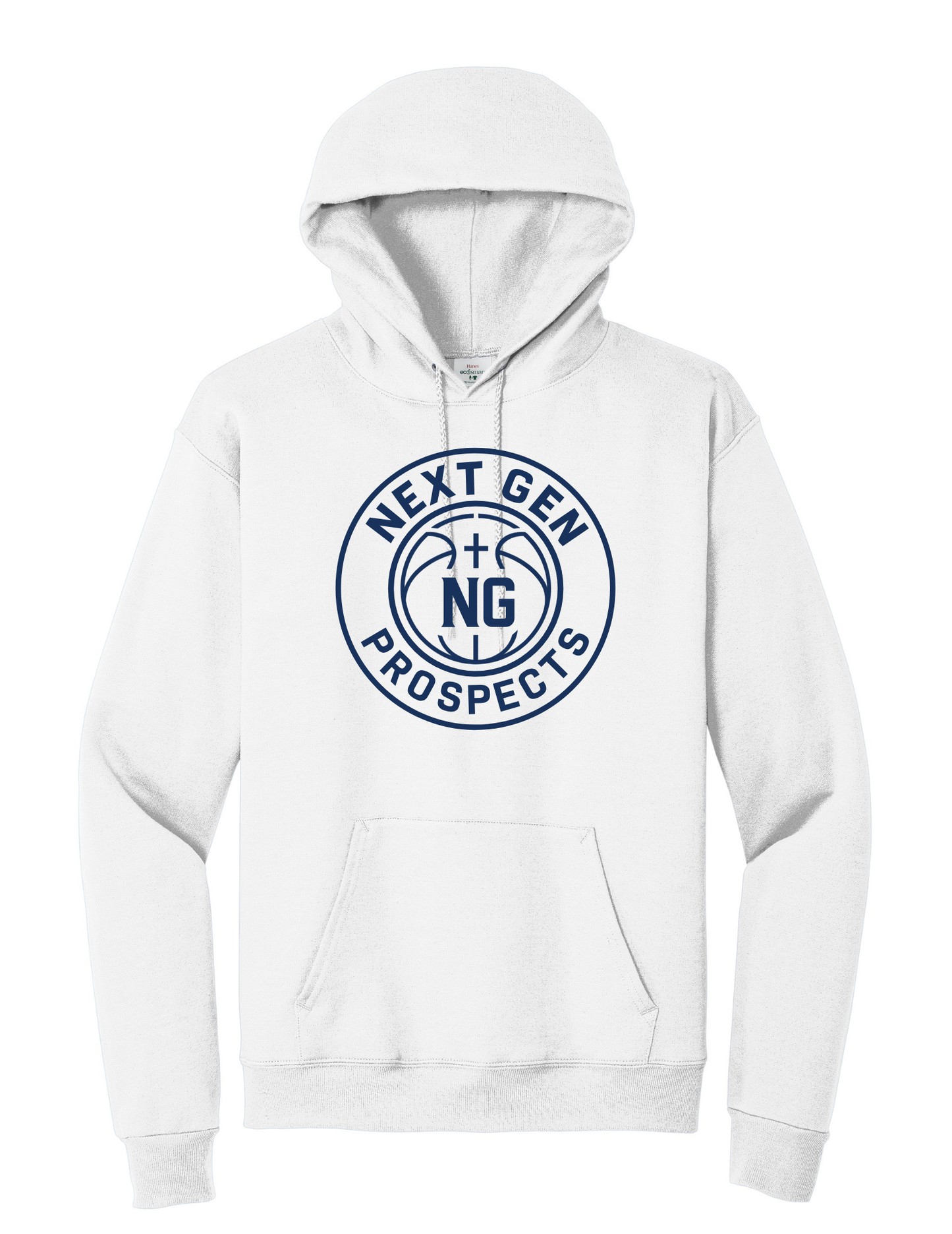 White Gildan hoodie (navy logo)