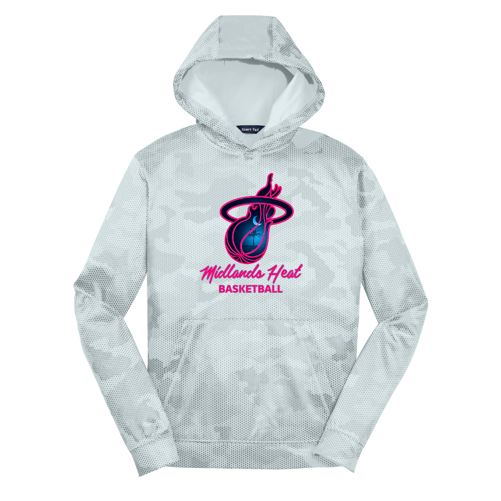 White Sport-Tek® Youth Sport-Wick® CamoHex Fleece Hoodie - Heat Logo