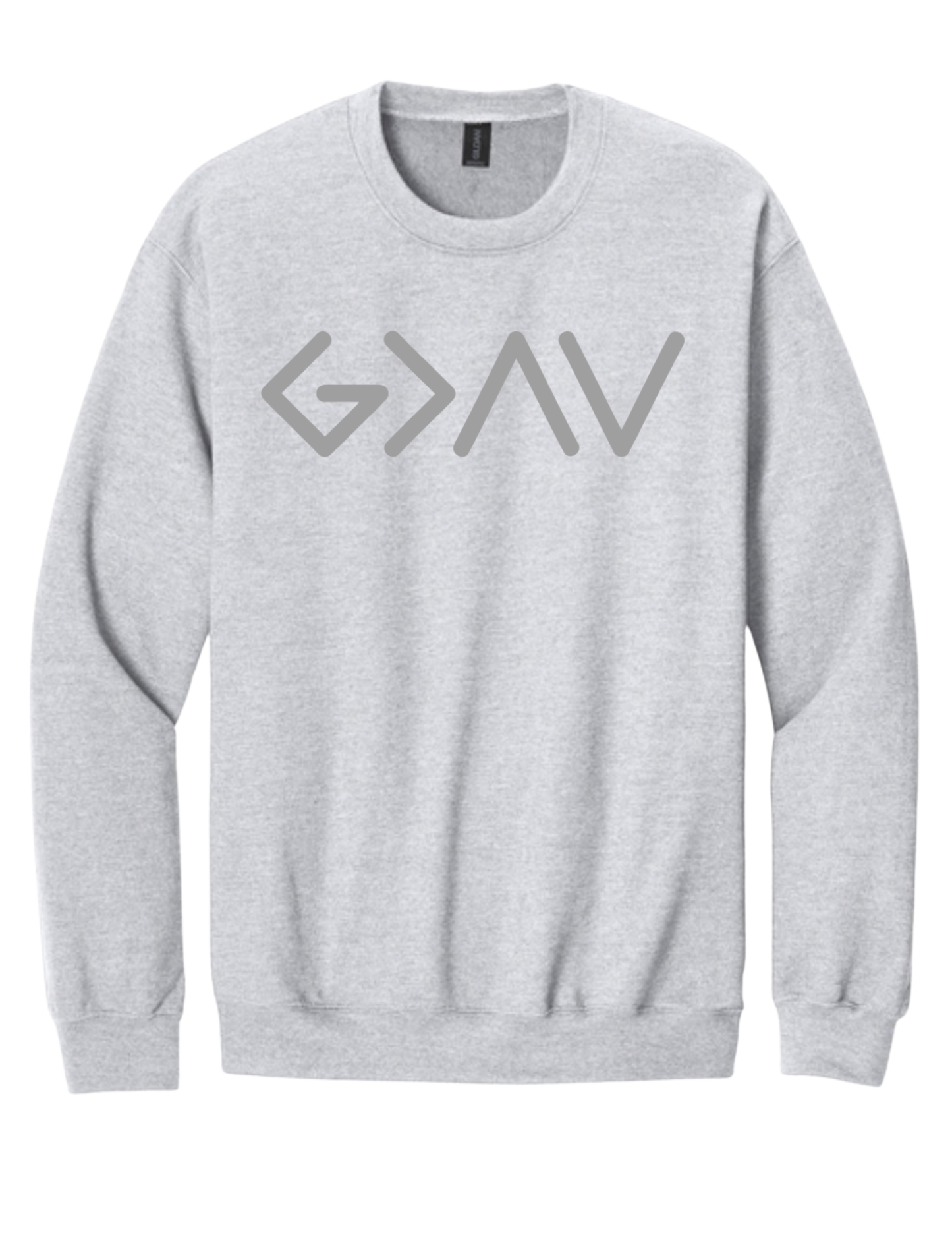 Grey Gildan Crewneck God is Greater..