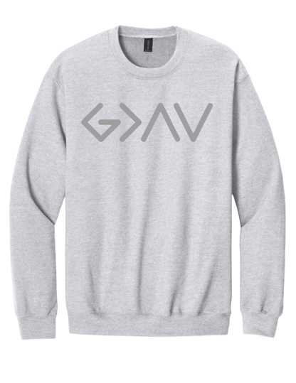 Grey Gildan Crewneck God is Greater..