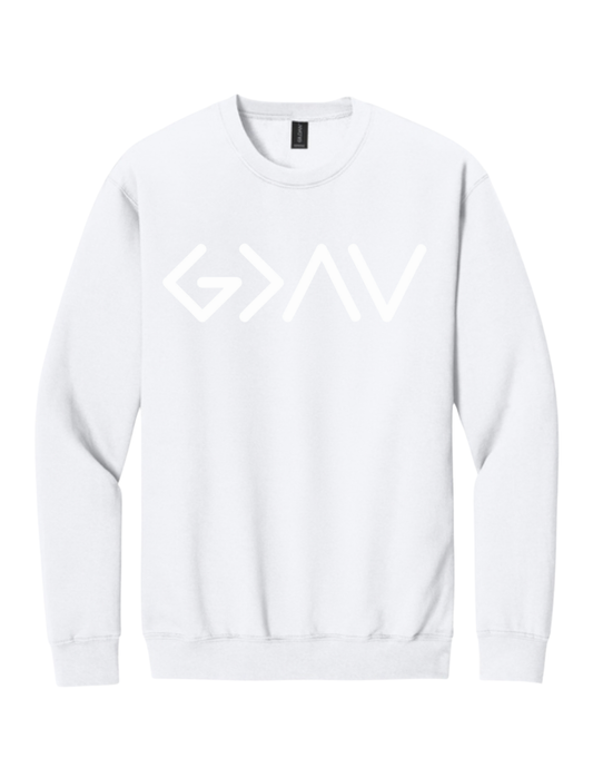 White Gildan Crewneck God is Greater..