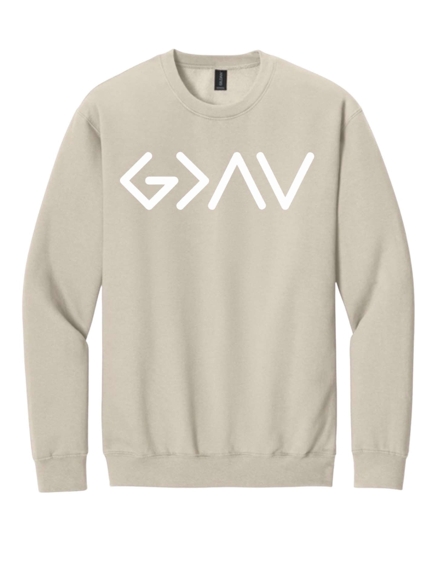 Tan Gildan Crewneck God is Greater..
