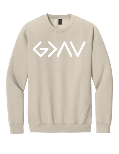 Tan Gildan Crewneck God is Greater..