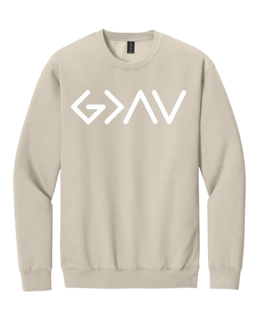 Tan Gildan Crewneck God is Greater..